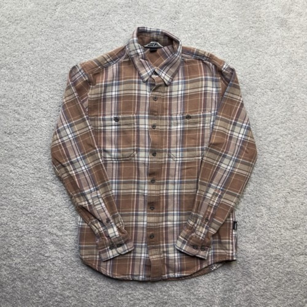 Eddie Bauer Plaid Flannel Shirt Mens Small Brown Blue Utility Epaulet Outdoor